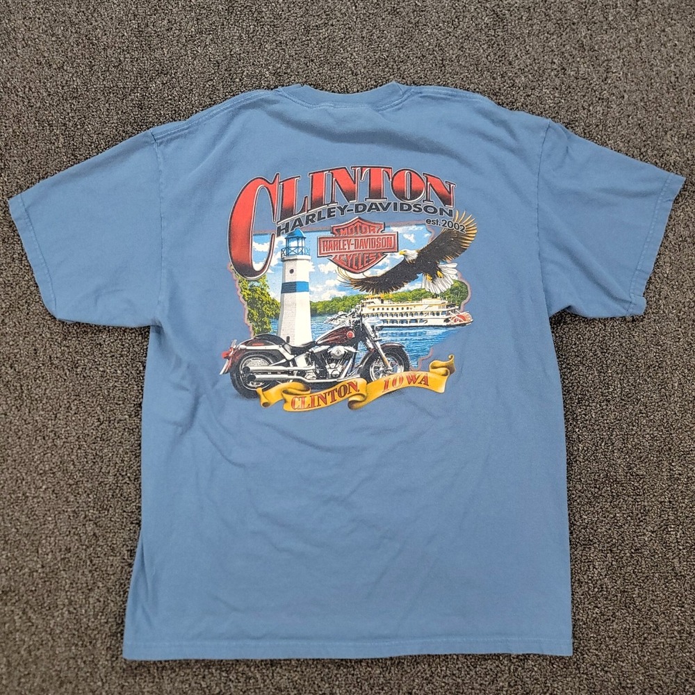 Harley Davidson Shirt Mens M/L Blue Clinton Iowa Eagle Lighthouse Steamboat Y2K